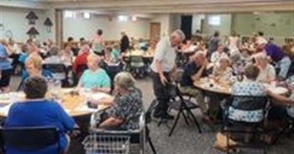 First Sunday Potluck at First UMC. 7 5 26 Welcome Pastor Caitlin Bentzinger and familyl!